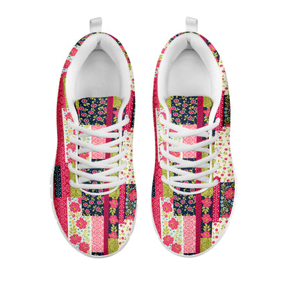 Pink Flower Patchwork Pattern Print White Sneakers