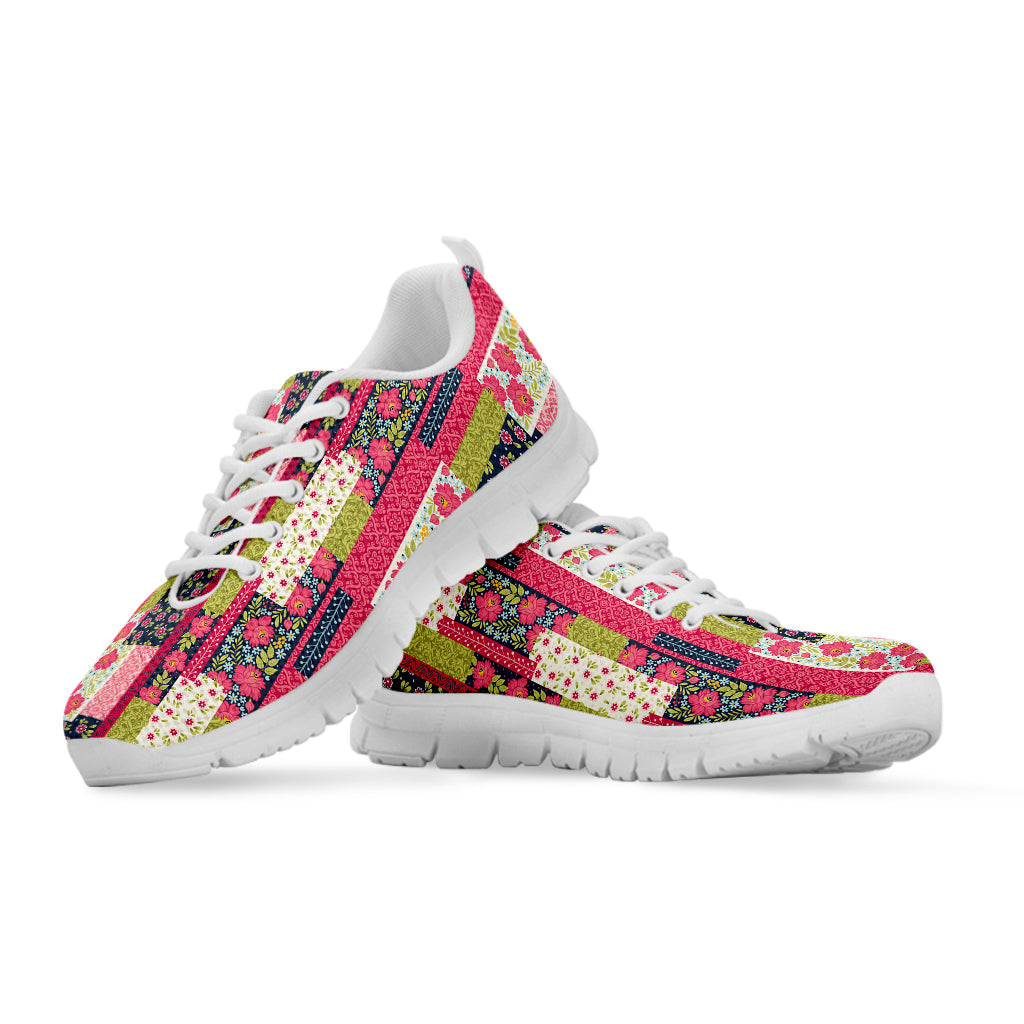 Pink Flower Patchwork Pattern Print White Sneakers