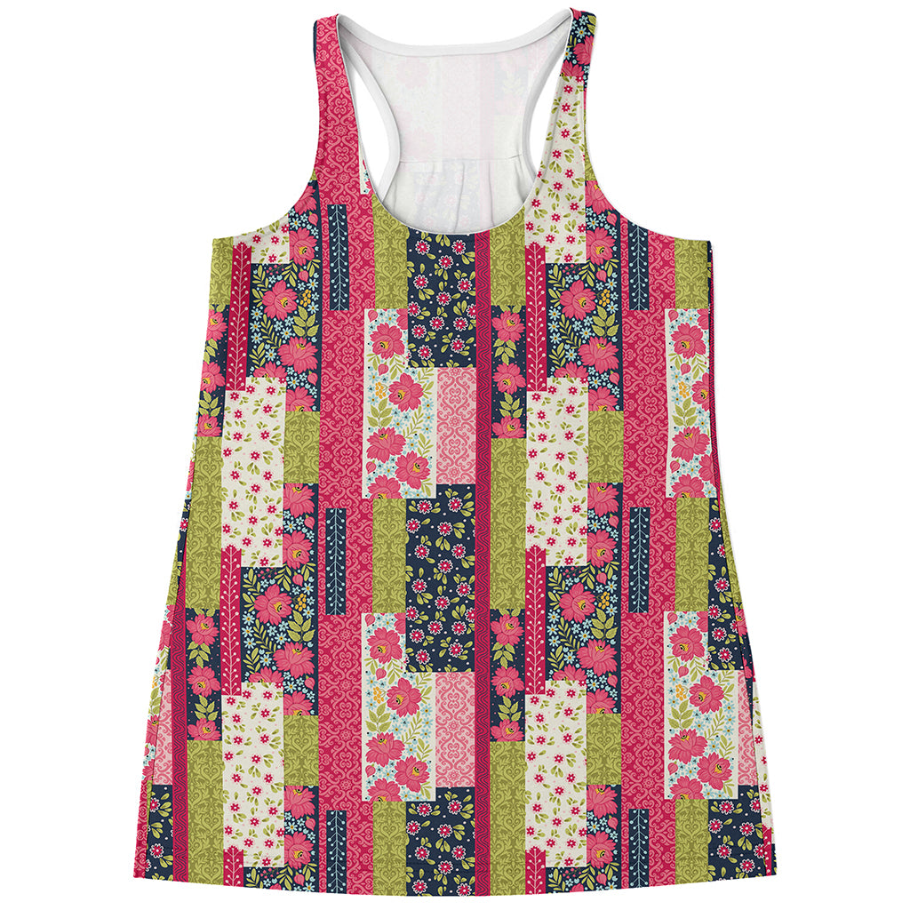 Pink Flower Patchwork Pattern Print Women's Racerback Tank Top