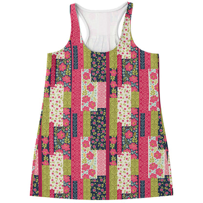 Pink Flower Patchwork Pattern Print Women's Racerback Tank Top
