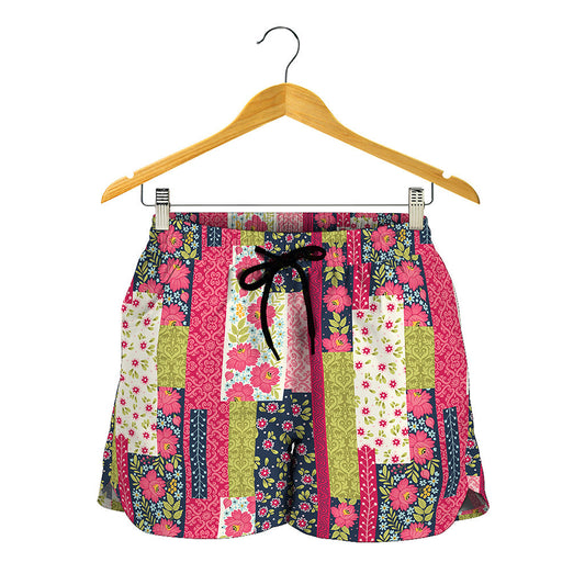 Pink Flower Patchwork Pattern Print Women's Shorts