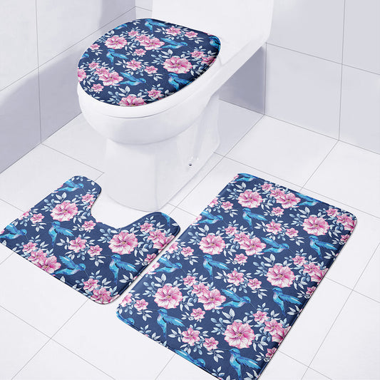 Pink Flowers And Hummingbird Print 3 Piece Bath Mat Set