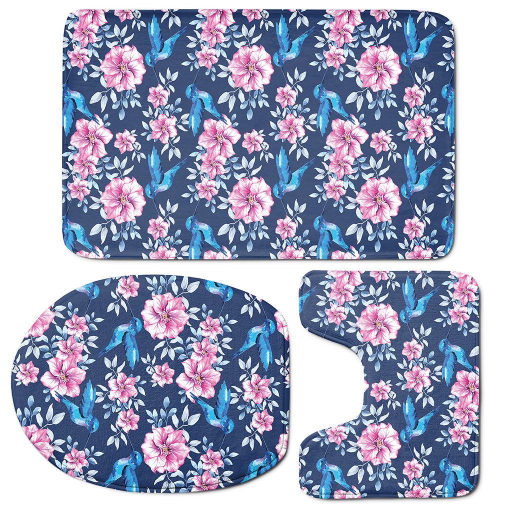 Pink Flowers And Hummingbird Print 3 Piece Bath Mat Set