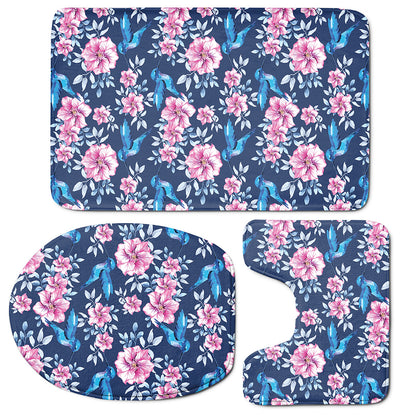 Pink Flowers And Hummingbird Print 3 Piece Bath Mat Set