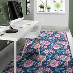 Pink Flowers And Hummingbird Print Area Rug
