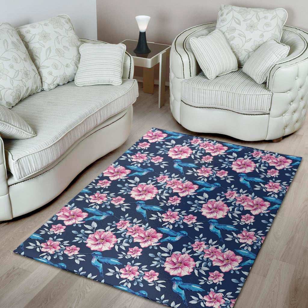 Pink Flowers And Hummingbird Print Area Rug