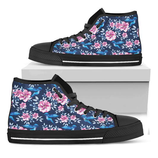 Pink Flowers And Hummingbird Print Black High Top Shoes