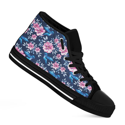 Pink Flowers And Hummingbird Print Black High Top Shoes