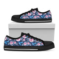Pink Flowers And Hummingbird Print Black Low Top Sneakers