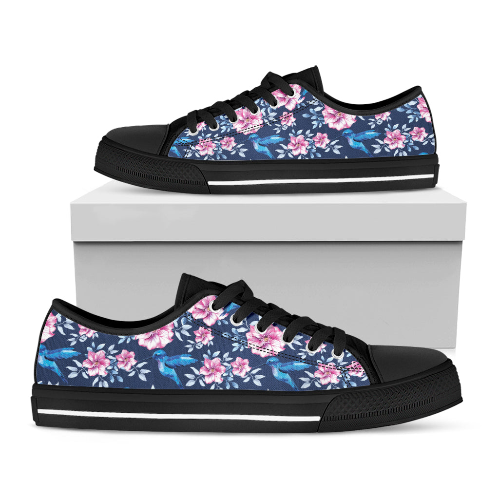Pink Flowers And Hummingbird Print Black Low Top Shoes