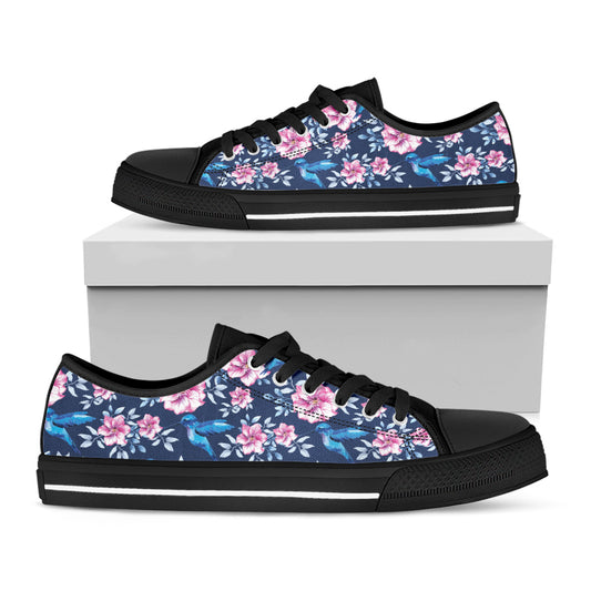Pink Flowers And Hummingbird Print Black Low Top Shoes