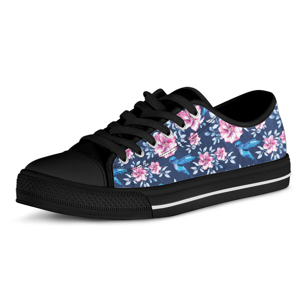 Pink Flowers And Hummingbird Print Black Low Top Shoes