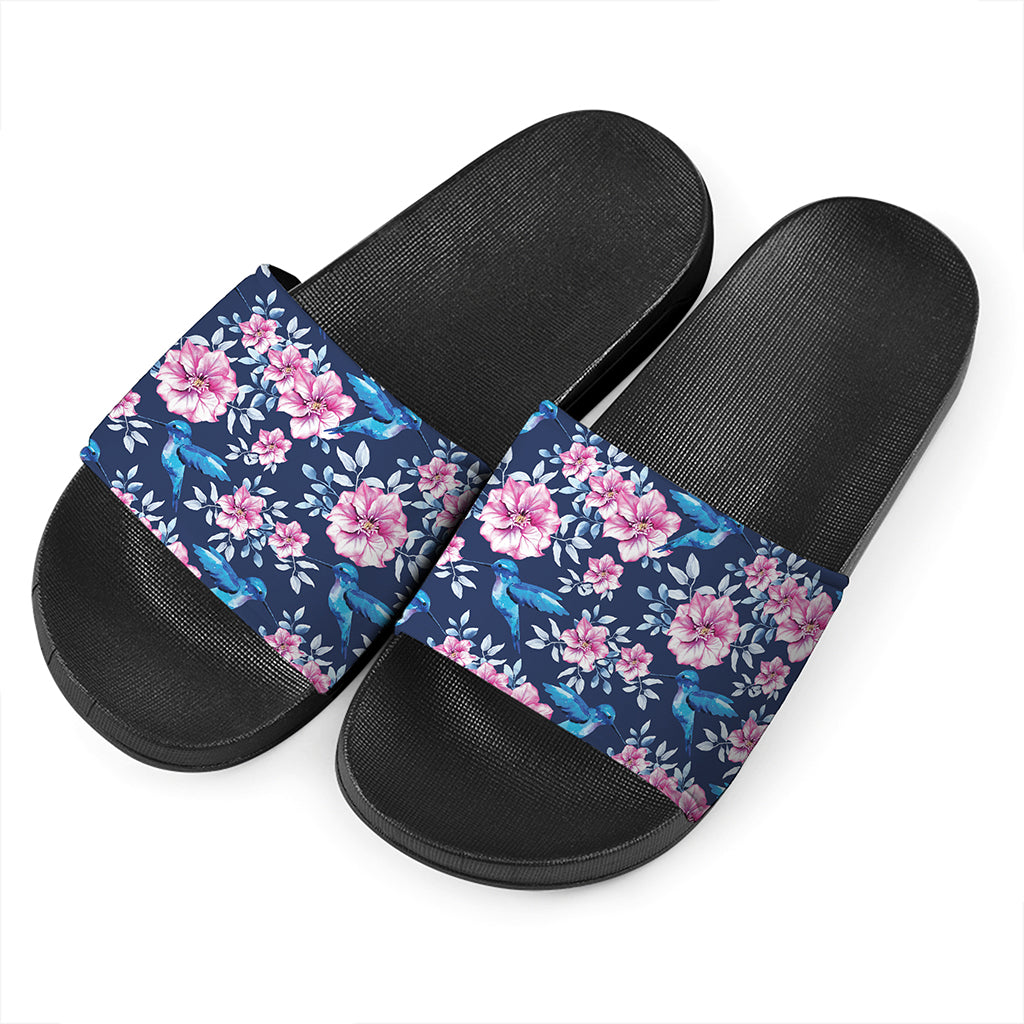 Pink Flowers And Hummingbird Print Black Slide Sandals