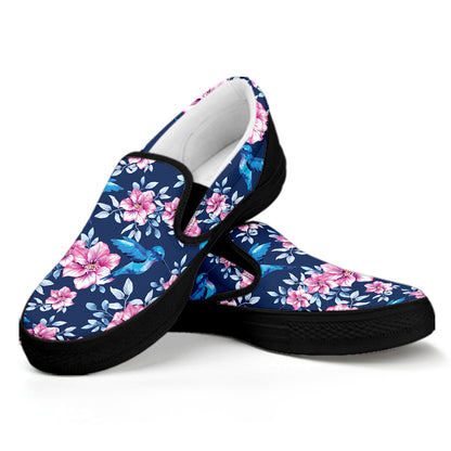 Pink Flowers And Hummingbird Print Black Slip On Shoes