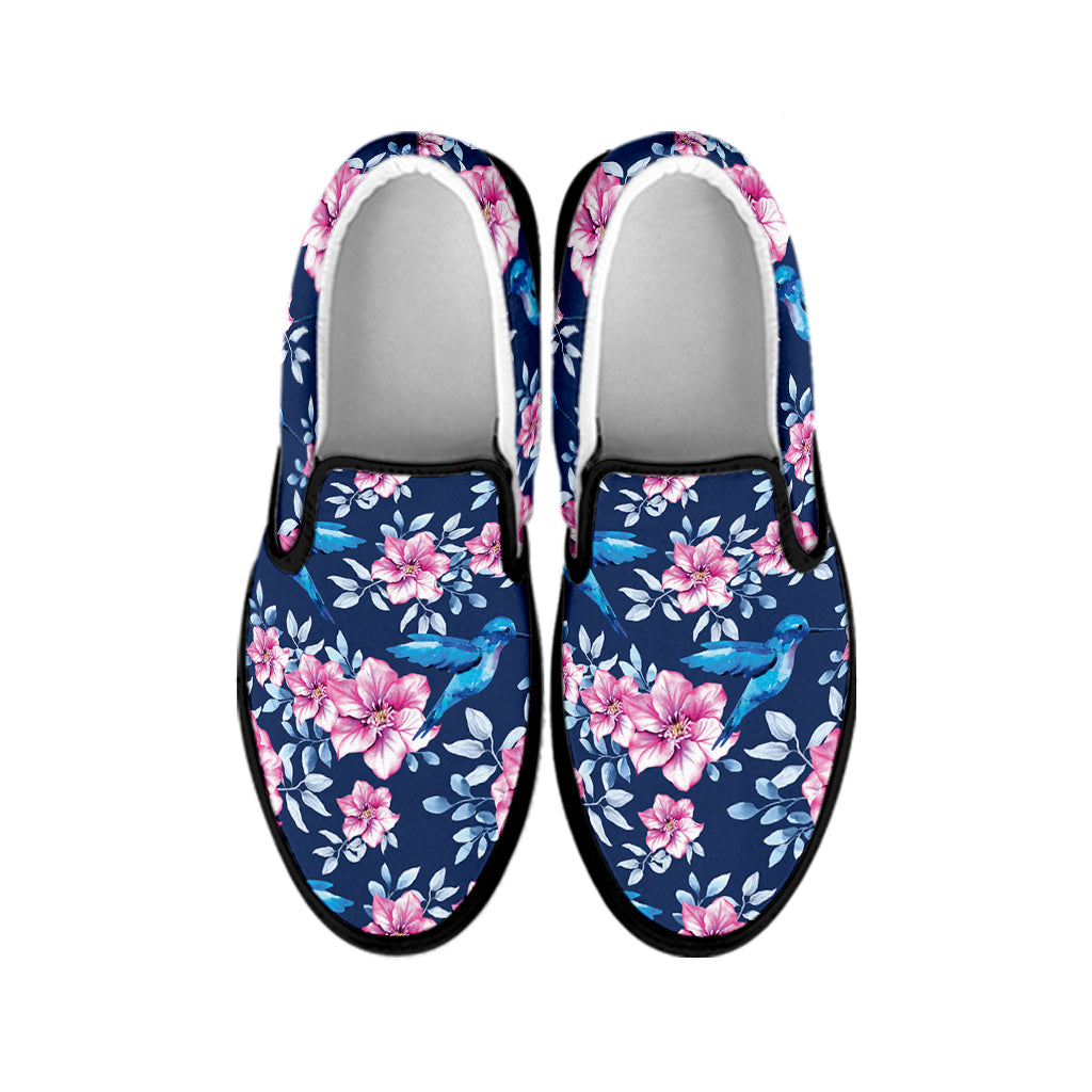 Pink Flowers And Hummingbird Print Black Slip On Shoes