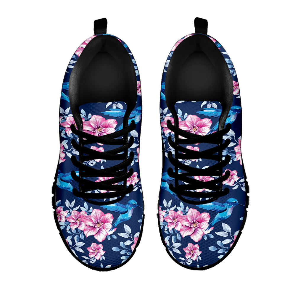 Pink Flowers And Hummingbird Print Black Sneakers