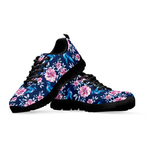 Pink Flowers And Hummingbird Print Black Sneakers