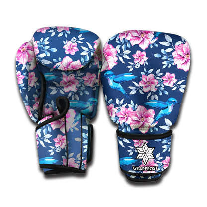 Pink Flowers And Hummingbird Print Boxing Gloves