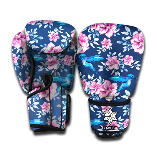 Pink Flowers And Hummingbird Print Boxing Gloves