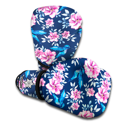 Pink Flowers And Hummingbird Print Boxing Gloves