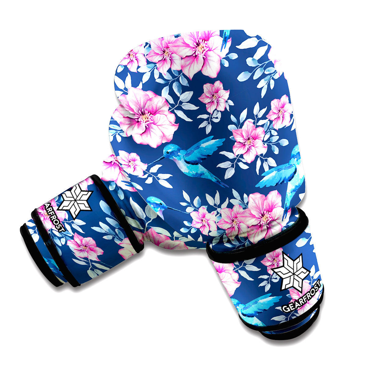 Pink Flowers And Hummingbird Print Boxing Gloves