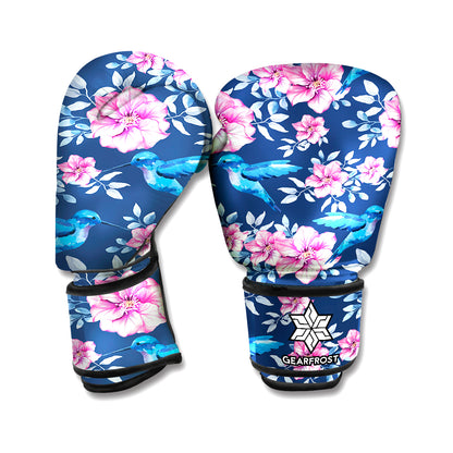 Pink Flowers And Hummingbird Print Boxing Gloves