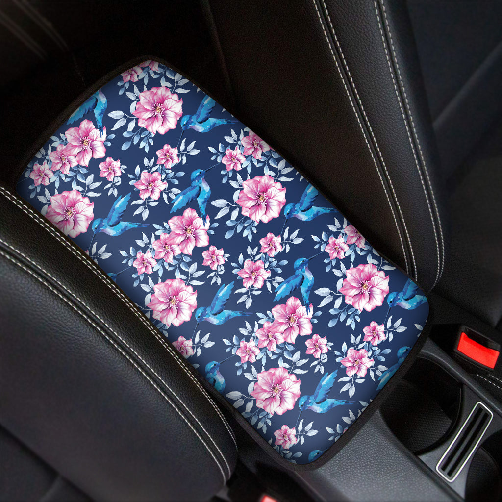 Pink Flowers And Hummingbird Print Car Center Console Cover