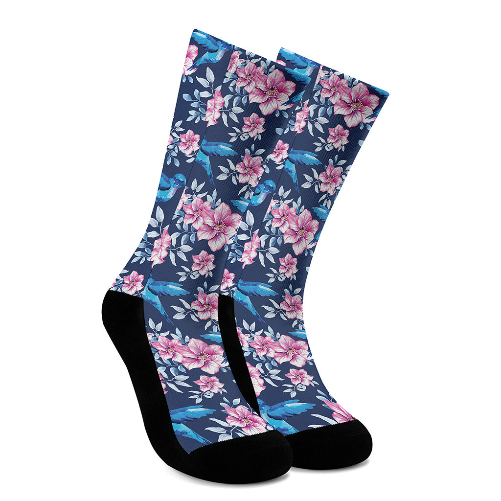 Pink Flowers And Hummingbird Print Crew Socks