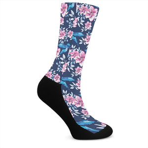 Pink Flowers And Hummingbird Print Crew Socks