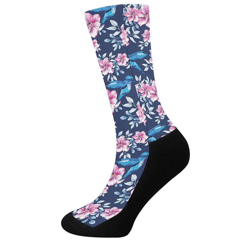 Pink Flowers And Hummingbird Print Crew Socks