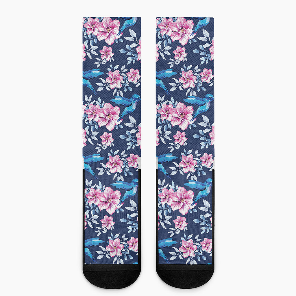 Pink Flowers And Hummingbird Print Crew Socks