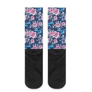 Pink Flowers And Hummingbird Print Crew Socks