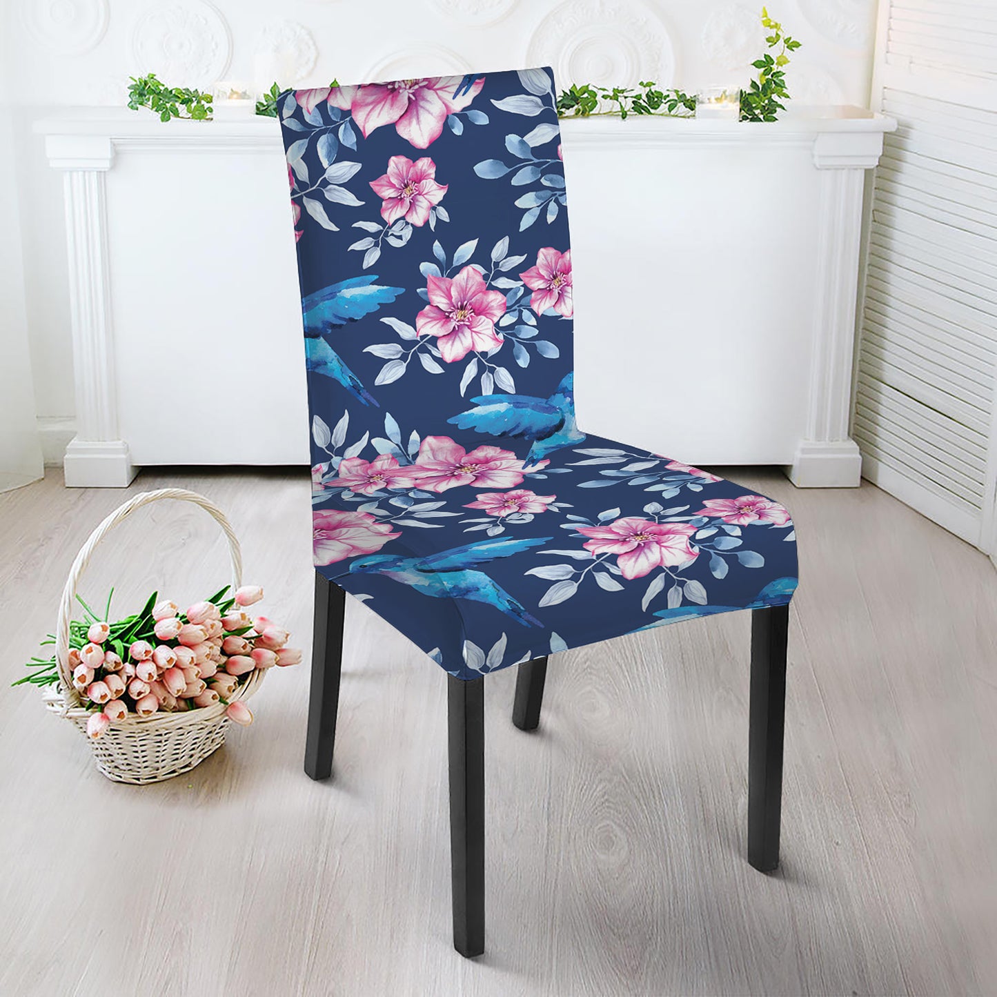 Pink Flowers And Hummingbird Print Dining Chair Slipcover
