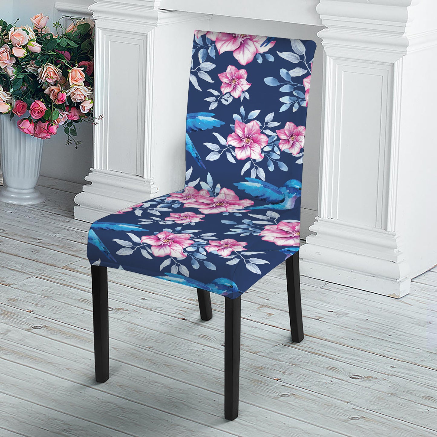 Pink Flowers And Hummingbird Print Dining Chair Slipcover