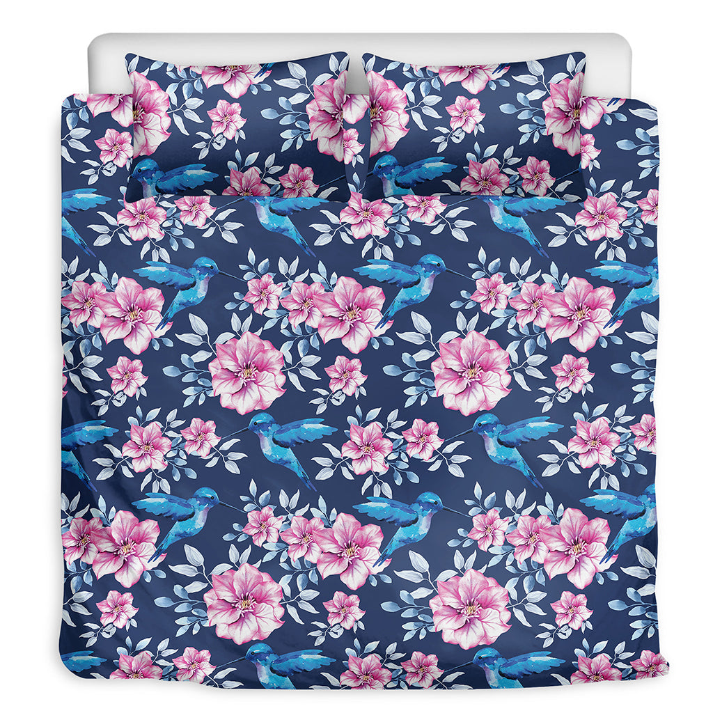 Pink Flowers And Hummingbird Print Duvet Cover Bedding Set