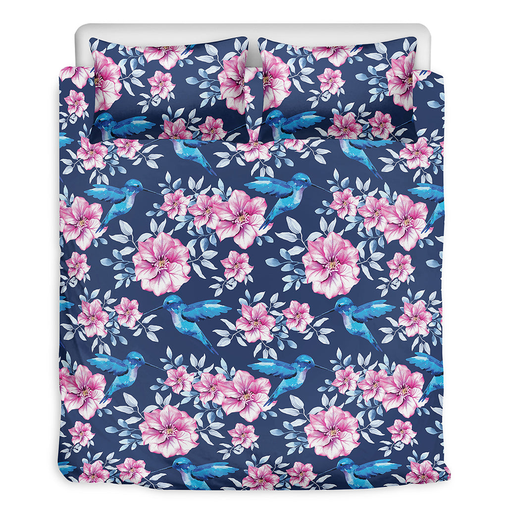 Pink Flowers And Hummingbird Print Duvet Cover Bedding Set