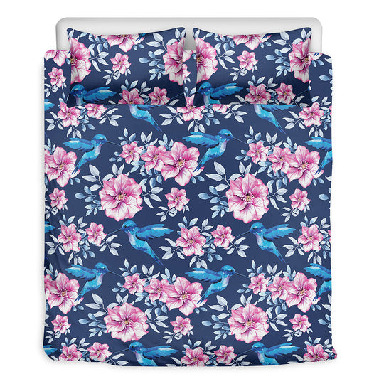 Pink Flowers And Hummingbird Print Duvet Cover Bedding Set