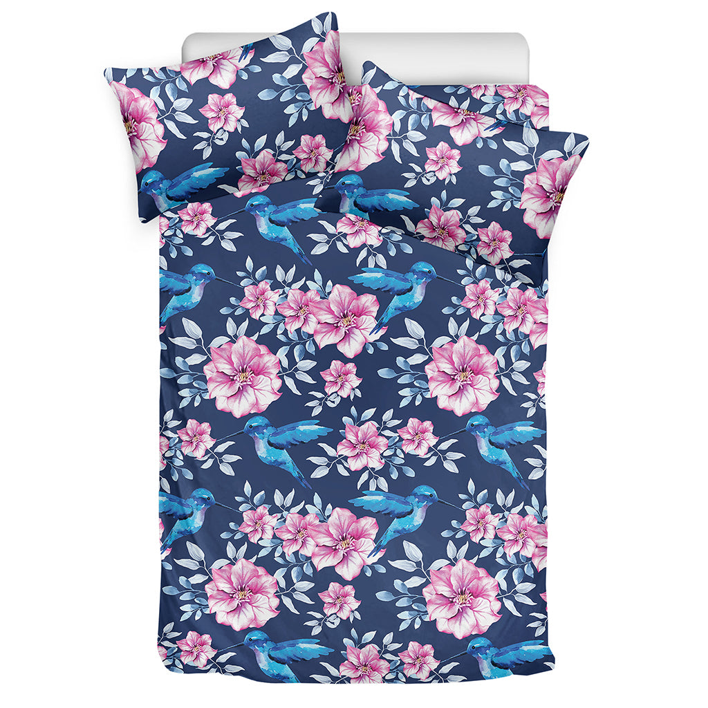 Pink Flowers And Hummingbird Print Duvet Cover Bedding Set