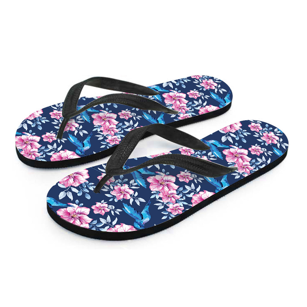 Pink Flowers And Hummingbird Print Flip Flops