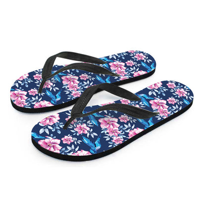 Pink Flowers And Hummingbird Print Flip Flops