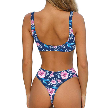 Pink Flowers And Hummingbird Print Front Bow Tie Bikini