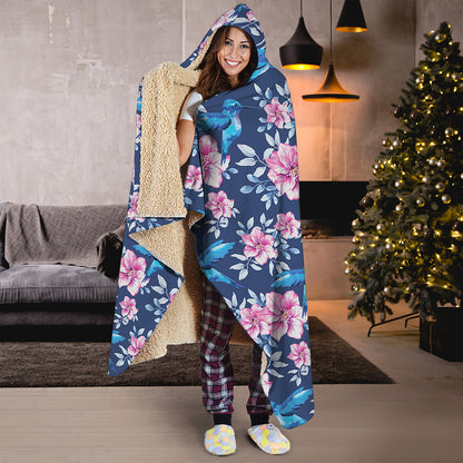 Pink Flowers And Hummingbird Print Hooded Blanket