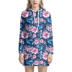 Pink Flowers And Hummingbird Print Hoodie Dress