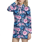 Pink Flowers And Hummingbird Print Hoodie Dress