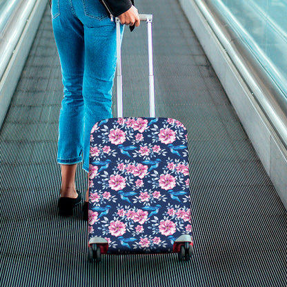 Pink Flowers And Hummingbird Print Luggage Cover