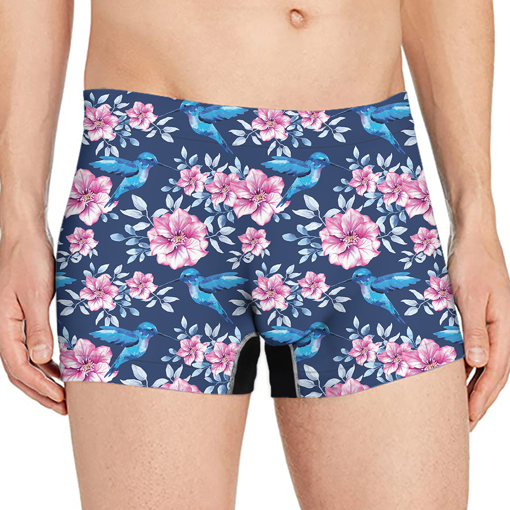 Pink Flowers And Hummingbird Print Men's Boxer Briefs