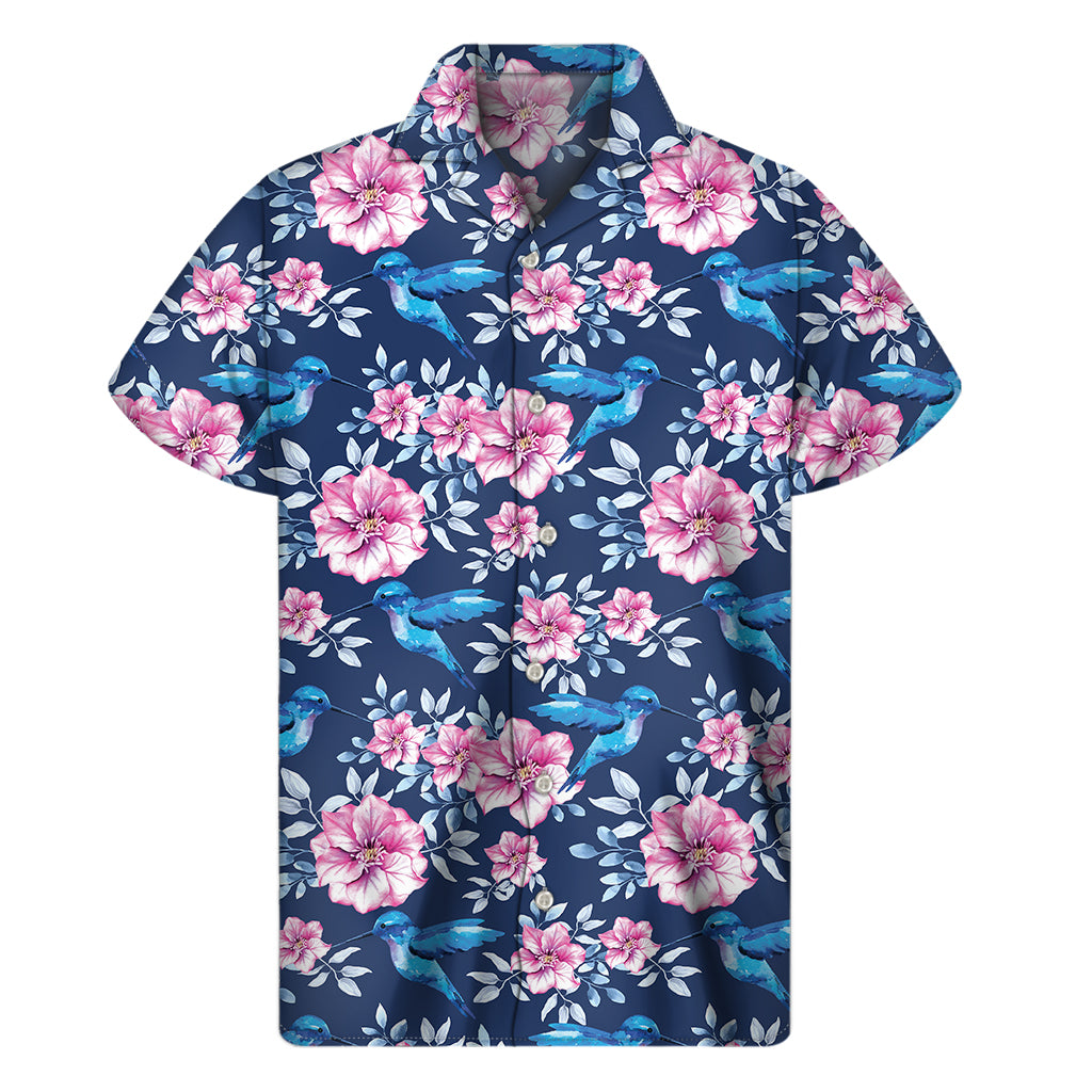 Pink Flowers And Hummingbird Print Men's Short Sleeve Shirt