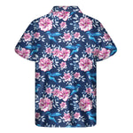 Pink Flowers And Hummingbird Print Men's Short Sleeve Shirt