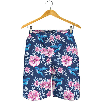 Pink Flowers And Hummingbird Print Men's Shorts