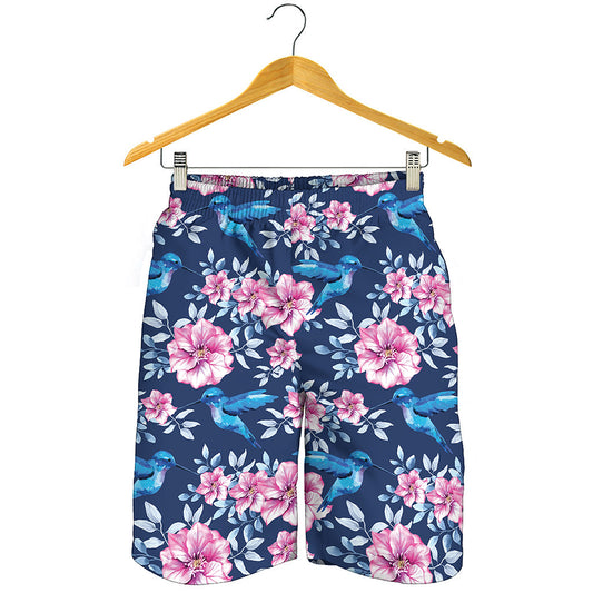 Pink Flowers And Hummingbird Print Men's Shorts